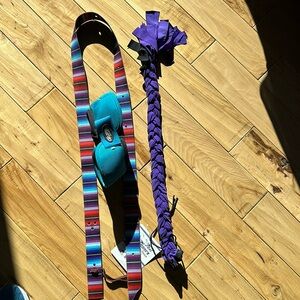 Striped billet, turquoise M bell boots and purple tail tamer sold as set